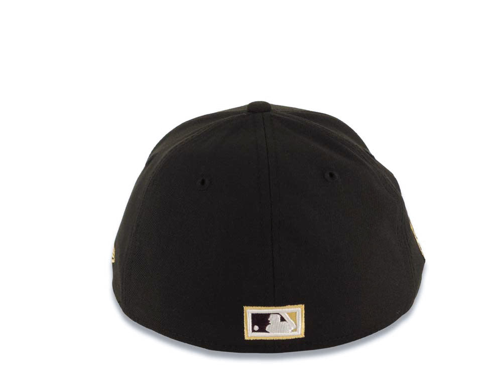 San Diego Padres New Era MLB 39THIRTY 3930 Flexfit Cap Hat Black Crown/Visor Maroon/Yellow Swinging Friar Logo 25th Anniversary Side Patch Gray UV