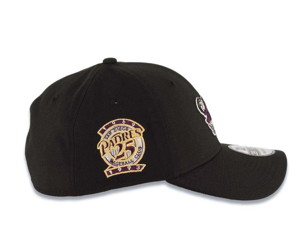 San Diego Padres New Era MLB 39THIRTY 3930 Flexfit Cap Hat Black Crown/Visor Maroon/Yellow Swinging Friar Logo 25th Anniversary Side Patch Gray UV