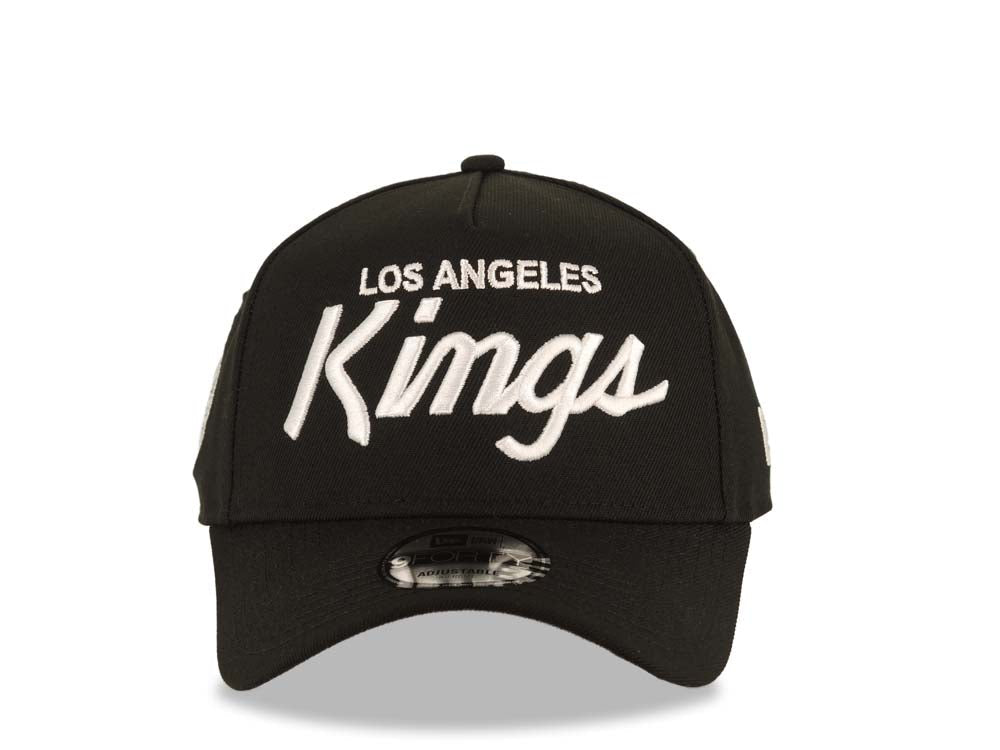 Los Angeles Kings New Era NHL 9FORTY 940 Adjustable A-Frame Cap Hat Black Crown/Visor White Script Logo 2x Champions Side Patch