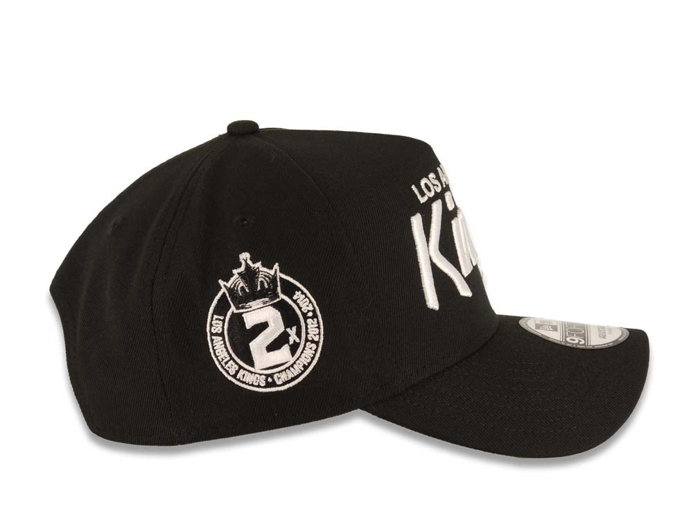 Los Angeles Kings New Era NHL 9FORTY 940 Adjustable A-Frame Cap Hat Black Crown/Visor White Script Logo 2x Champions Side Patch