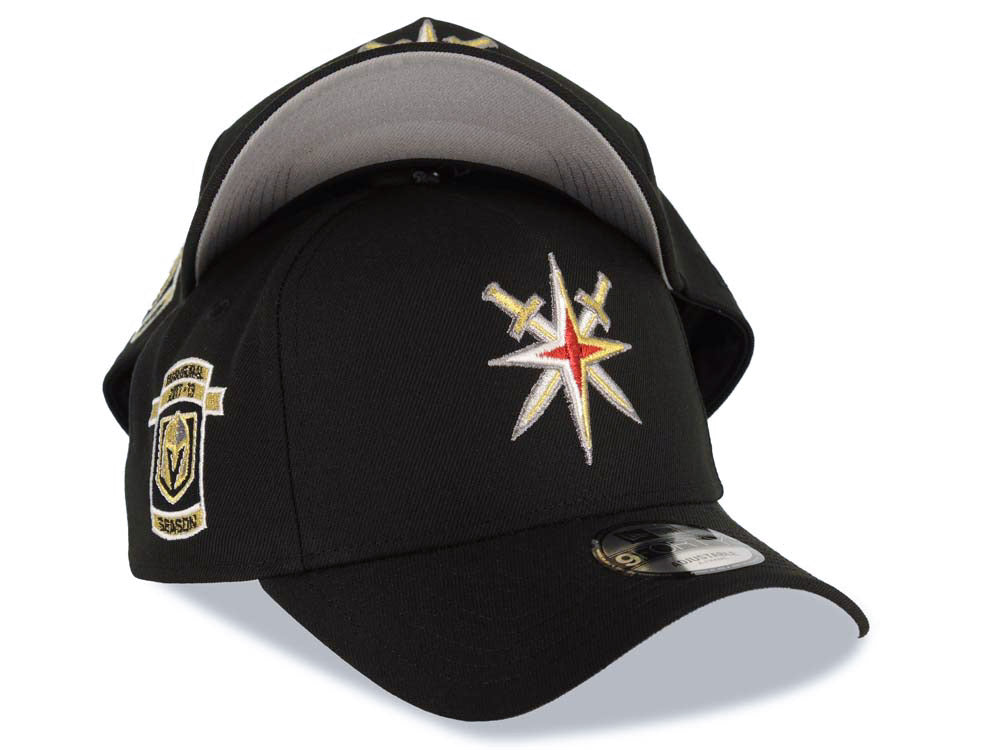 Las Vegas Golden Knights New Era NHL 9FORTY 940 Adjustable A-Frame Cap Hat Black Crown/Visor Red/Metallic Gold/White Logo 2017-2018 Inaugural Season Patch