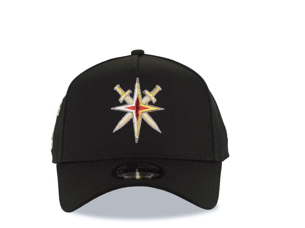 Las Vegas Golden Knights New Era NHL 9FORTY 940 Adjustable A-Frame Cap Hat Black Crown/Visor Red/Metallic Gold/White Logo 2017-2018 Inaugural Season Patch