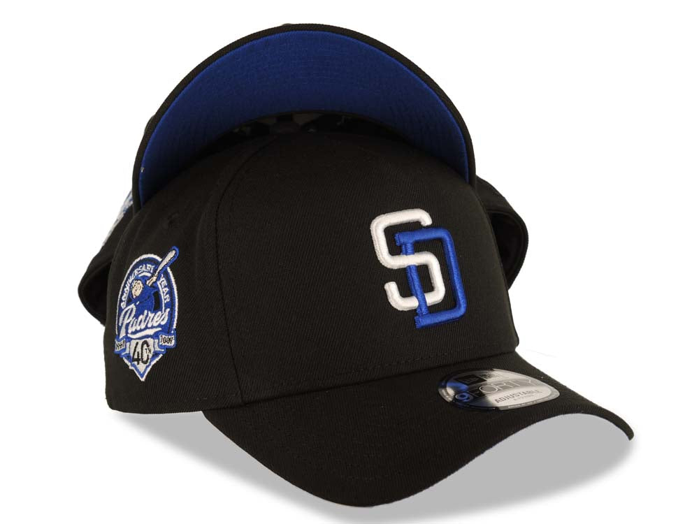 San Diego Padres New Era MLB 9FORTY 940 Adjustable A-Frame Cap Hat Black Crown/Visor White/Royal Blue Logo 40th Anniversary Side Patch Royal Blue UV