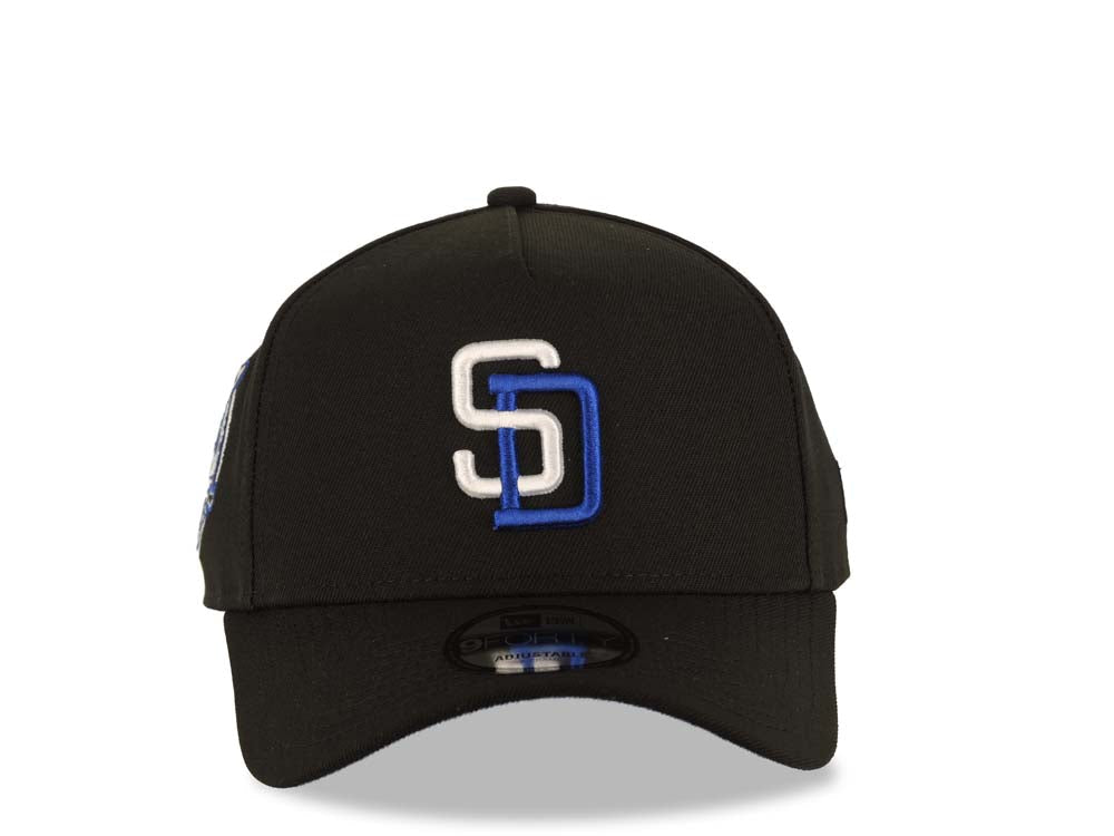 San Diego Padres New Era MLB 9FORTY 940 Adjustable A-Frame Cap Hat Black Crown/Visor White/Royal Blue Logo 40th Anniversary Side Patch Royal Blue UV
