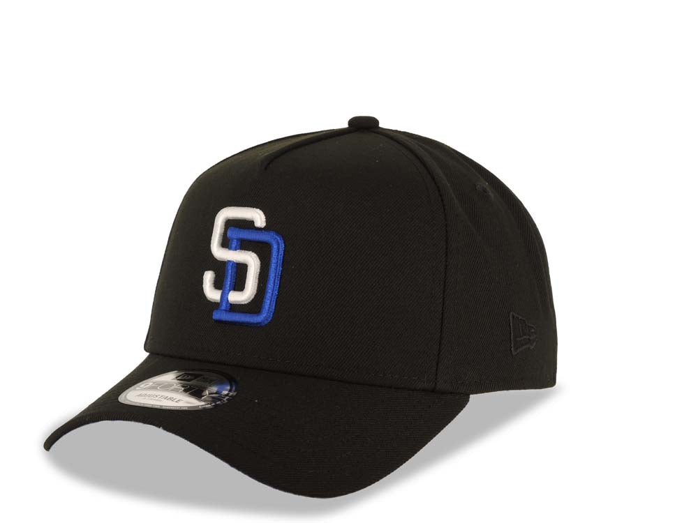 San Diego Padres New Era MLB 9FORTY 940 Adjustable A-Frame Cap Hat Black Crown/Visor White/Royal Blue Logo 40th Anniversary Side Patch Royal Blue UV