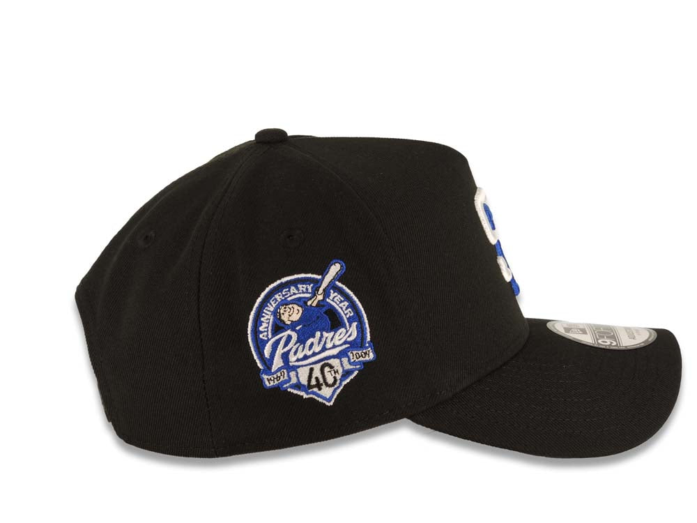 San Diego Padres New Era MLB 9FORTY 940 Adjustable A-Frame Cap Hat Black Crown/Visor White/Royal Blue Logo 40th Anniversary Side Patch Royal Blue UV