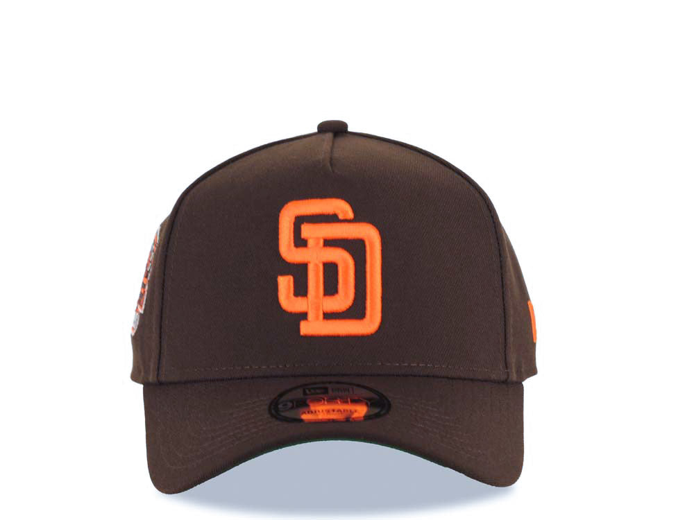 San Diego Padres New Era MLB 9FORTY 940 Adjustable A-Frame Cap Hat Brown Crown/Visor Orange Logo Stadium Side Patch Green UV