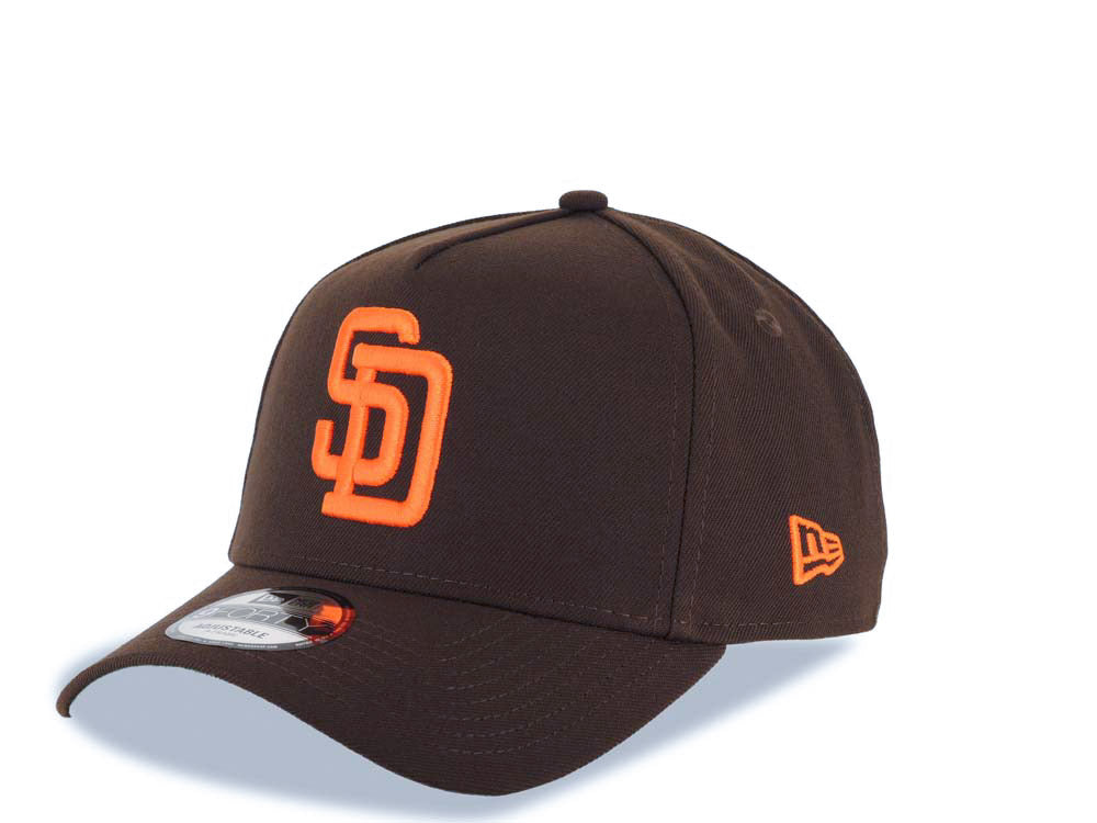 San Diego Padres New Era MLB 9FORTY 940 Adjustable A-Frame Cap Hat Brown Crown/Visor Orange Logo Stadium Side Patch Green UV