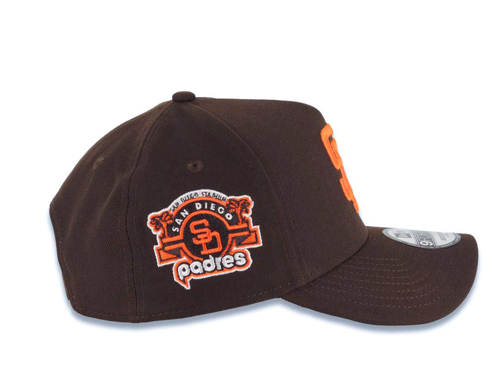 San Diego Padres New Era MLB 9FORTY 940 Adjustable A-Frame Cap Hat Brown Crown/Visor Orange Logo Stadium Side Patch Green UV