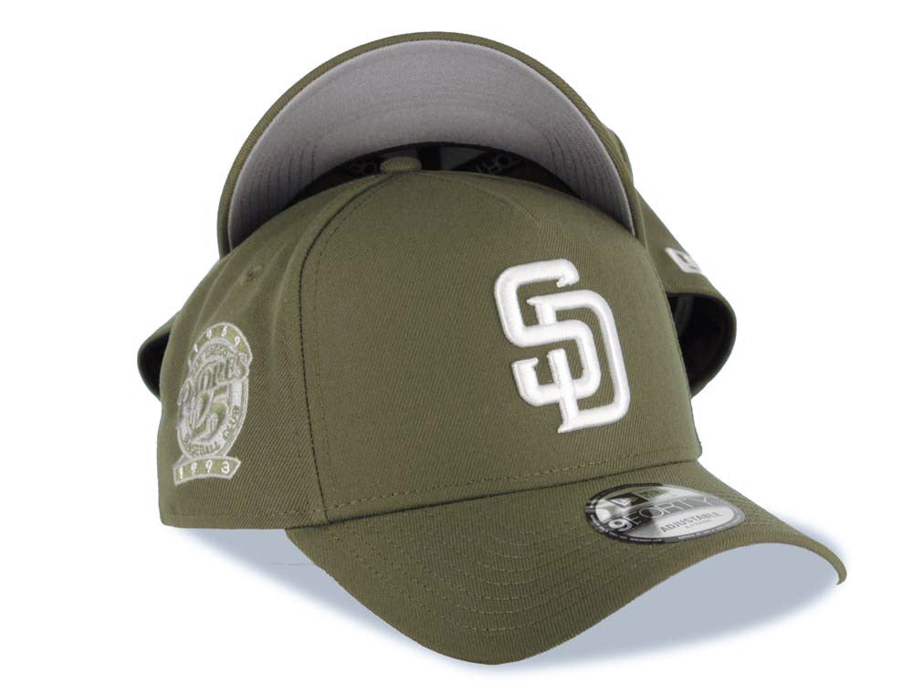 San Diego Padres New Era MLB 9FORTY 940 Adjustable A-Frame Cap Hat Olive Green Crown/Visor White Logo 25th Anniversary Side Patch Gray UV