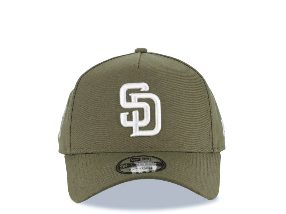 San Diego Padres New Era MLB 9FORTY 940 Adjustable A-Frame Cap Hat Olive Green Crown/Visor White Logo 25th Anniversary Side Patch Gray UV