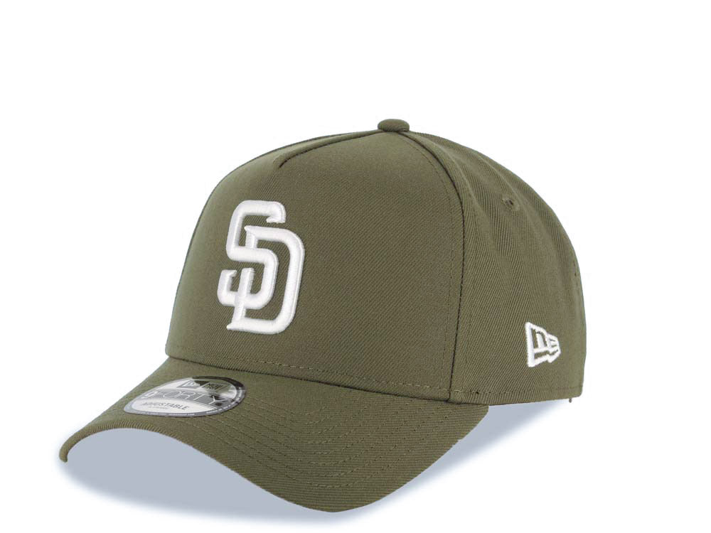 San Diego Padres New Era MLB 9FORTY 940 Adjustable A-Frame Cap Hat Olive Green Crown/Visor White Logo 25th Anniversary Side Patch Gray UV