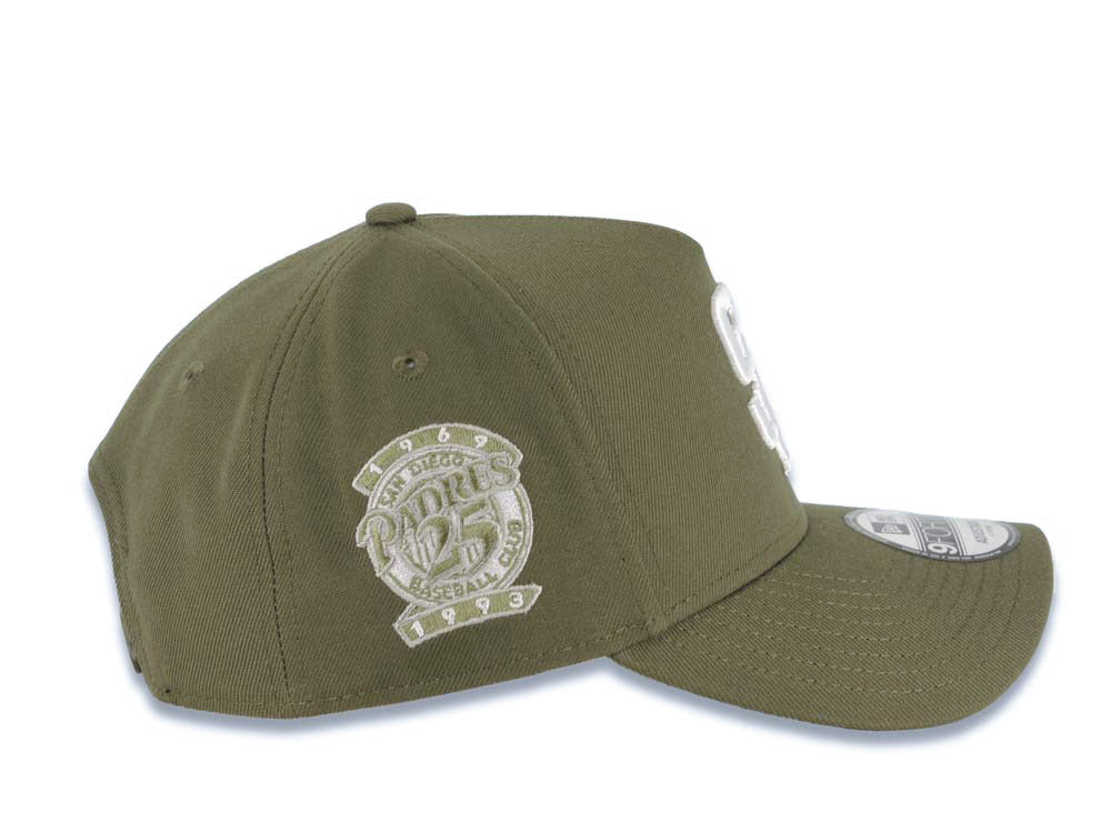 San Diego Padres New Era MLB 9FORTY 940 Adjustable A-Frame Cap Hat Olive Green Crown/Visor White Logo 25th Anniversary Side Patch Gray UV