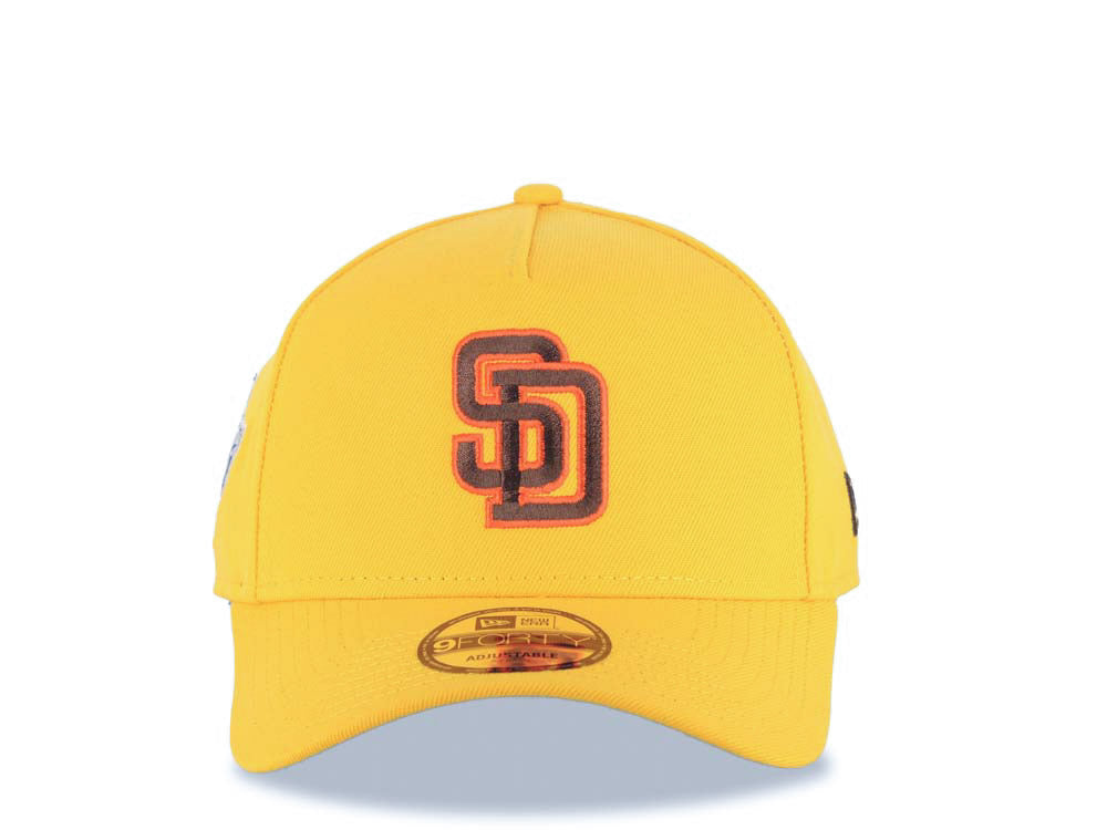 San Diego Padres New Era MLB 9FORTY 940 Adjustable A-Frame Cap Hat Yellow Crown/Visor Brown/Orange Logo 1998 World Series Side Patch Green UV