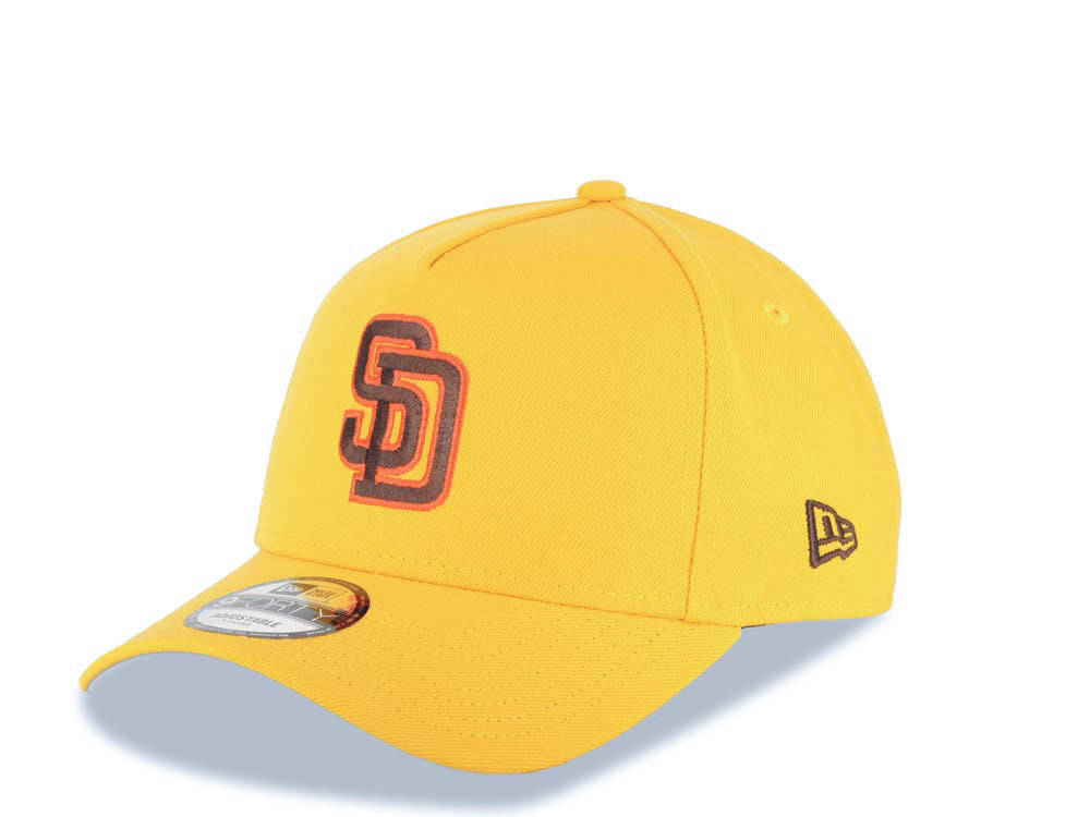 San Diego Padres New Era MLB 9FORTY 940 Adjustable A-Frame Cap Hat Yellow Crown/Visor Brown/Orange Logo 1998 World Series Side Patch Green UV