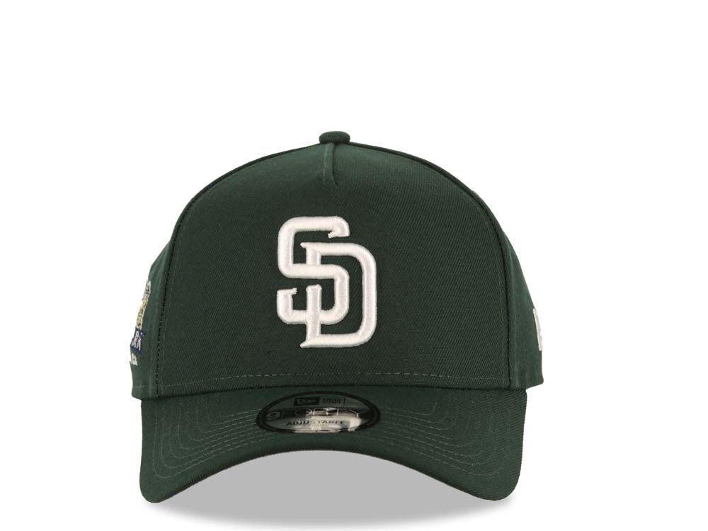 San Diego Padres New Era MLB 9FORTY 940 Adjustable A-Frame Cap Hat Dark Green Crown/Visor White Logo Petco Park Side Patch Gray UV
