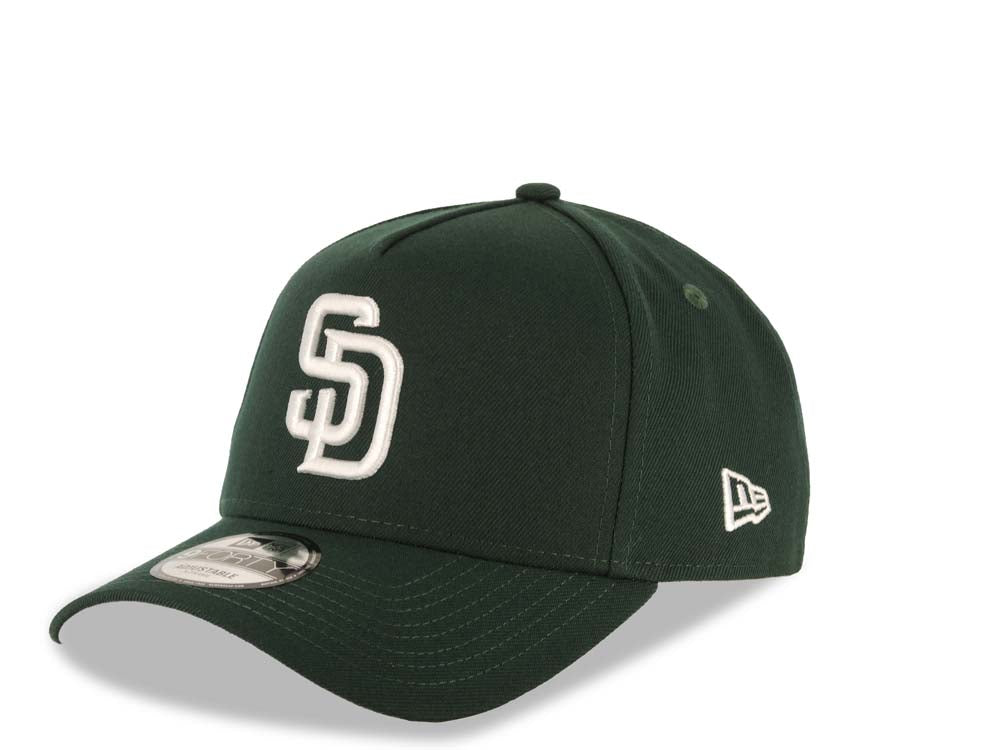 San Diego Padres New Era MLB 9FORTY 940 Adjustable A-Frame Cap Hat Dark Green Crown/Visor White Logo Petco Park Side Patch Gray UV