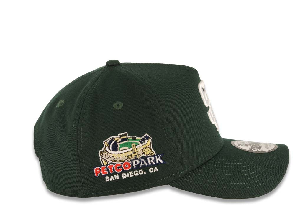 San Diego Padres New Era MLB 9FORTY 940 Adjustable A-Frame Cap Hat Dark Green Crown/Visor White Logo Petco Park Side Patch Gray UV