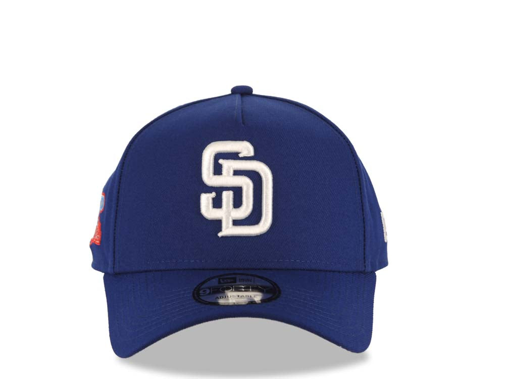 San Diego Padres New Era MLB 9FORTY 940 Adjustable A-Frame Cap Hat Royal Blue Crown/Visor White Logo 1984 World Series Side Patch Gray UV