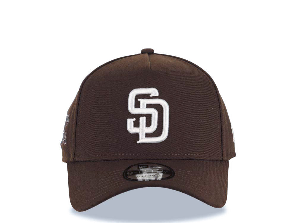San Diego Padres New Era MLB 9FORTY 940 Adjustable A-Frame Cap Hat Brown Crown/Visor White Logo 1984 World Series Side Patch Gray UV