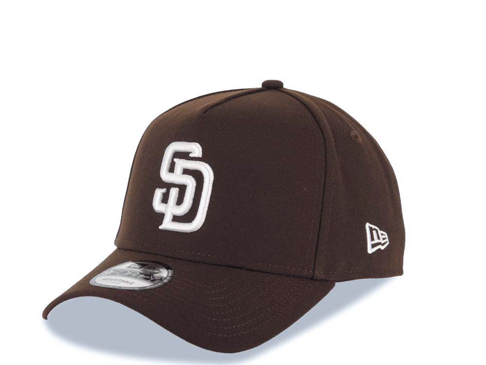 San Diego Padres New Era MLB 9FORTY 940 Adjustable A-Frame Cap Hat Brown Crown/Visor White Logo 1984 World Series Side Patch Gray UV