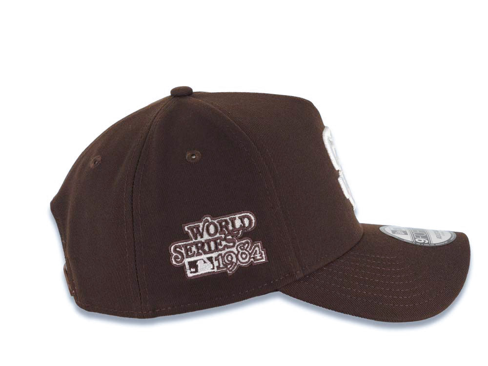 San Diego Padres New Era MLB 9FORTY 940 Adjustable A-Frame Cap Hat Brown Crown/Visor White Logo 1984 World Series Side Patch Gray UV