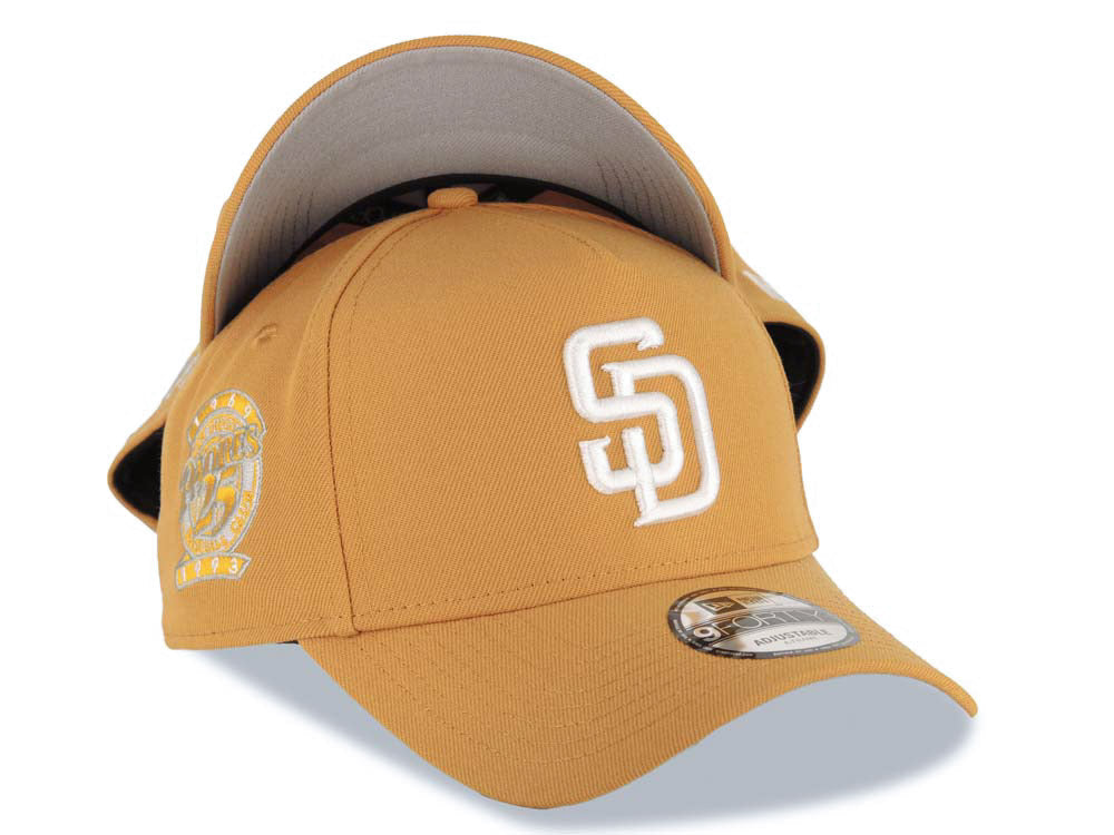 San Diego Padres New Era MLB 9FORTY 940 Adjustable A-Frame Cap Hat Tan Crown/Visor White Logo 25th Anniversary Side Patch Gray UV