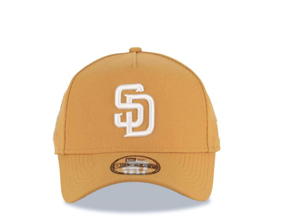San Diego Padres New Era MLB 9FORTY 940 Adjustable A-Frame Cap Hat Tan Crown/Visor White Logo 25th Anniversary Side Patch Gray UV