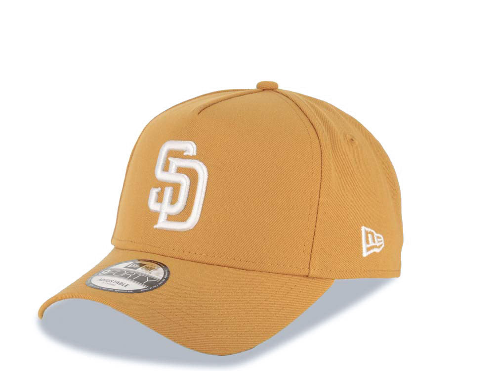 San Diego Padres New Era MLB 9FORTY 940 Adjustable A-Frame Cap Hat Tan Crown/Visor White Logo 25th Anniversary Side Patch Gray UV