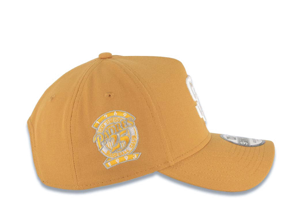 San Diego Padres New Era MLB 9FORTY 940 Adjustable A-Frame Cap Hat Tan Crown/Visor White Logo 25th Anniversary Side Patch Gray UV