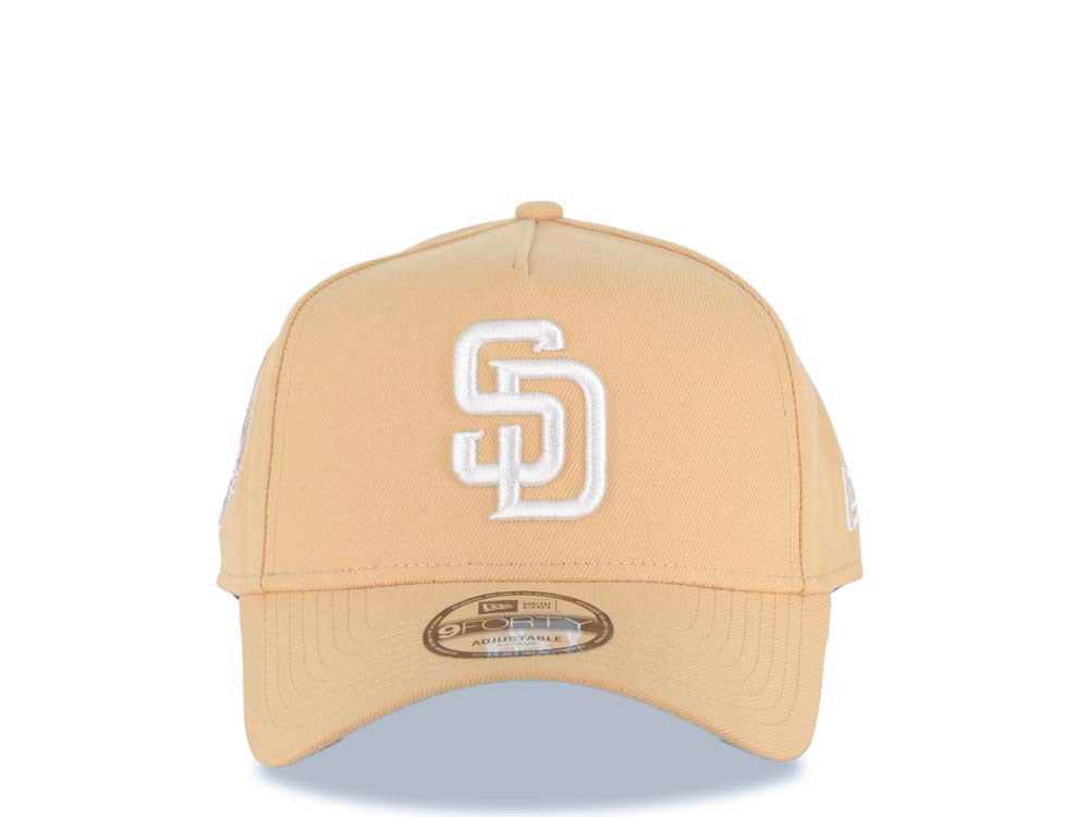 San Diego Padres New Era MLB 9FORTY 940 Adjustable A-Frame Cap Hat Khaki Crown/Visor White Logo 40th Anniversary Side Patch Gray UV