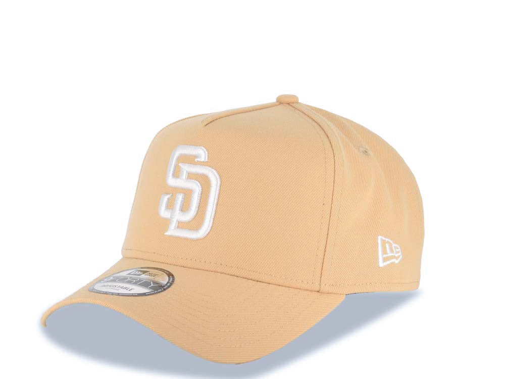 San Diego Padres New Era MLB 9FORTY 940 Adjustable A-Frame Cap Hat Khaki Crown/Visor White Logo 40th Anniversary Side Patch Gray UV