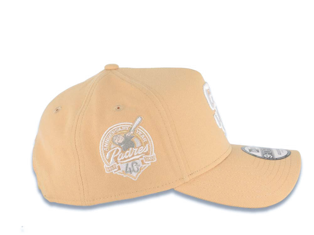 San Diego Padres New Era MLB 9FORTY 940 Adjustable A-Frame Cap Hat Khaki Crown/Visor White Logo 40th Anniversary Side Patch Gray UV