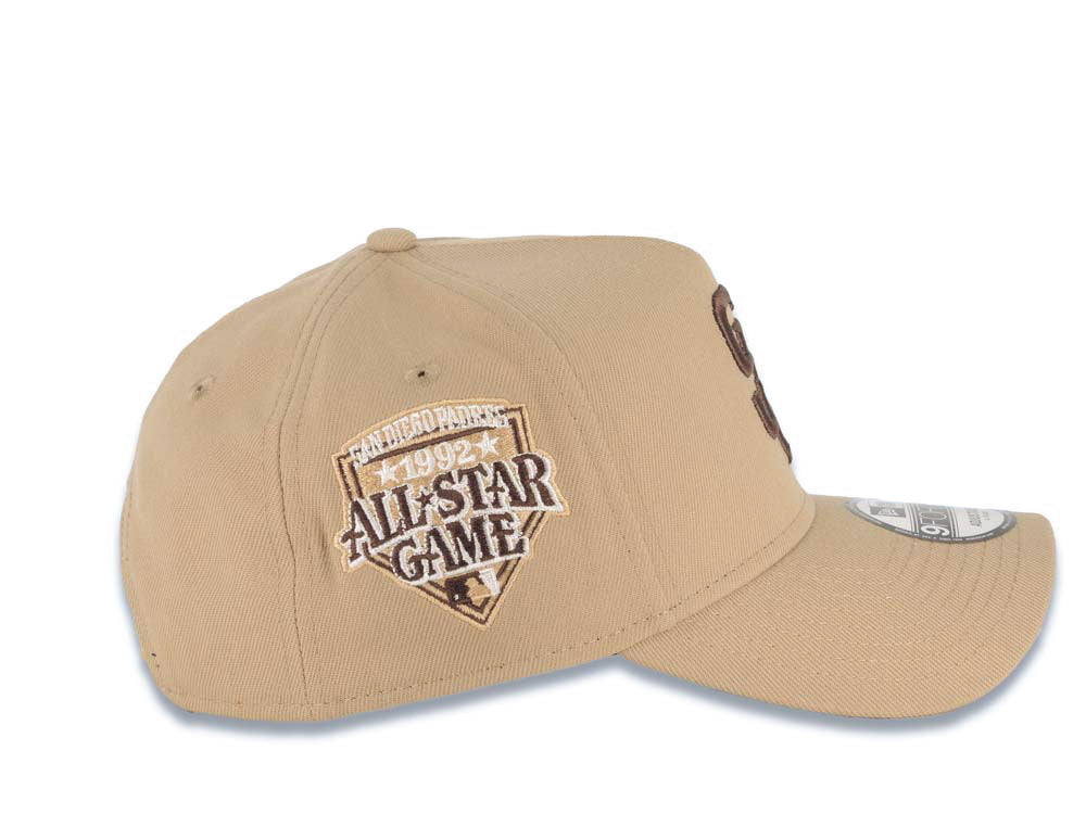 San Diego Padres New Era MLB 9FORTY 940 Adjustable A-Frame Cap Hat Khaki Crown/Visor Brown Logo 1992 All-Star Game Side Patch Gray UV