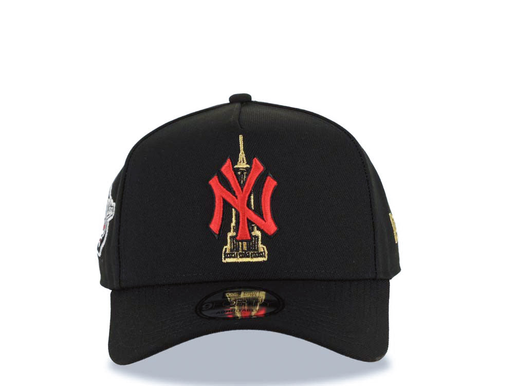 New York Yankees New Era MLB 9FORTY 940 Adjustable A-Frame Empire Cap Hat Black Crown/Visor Red/Metallic Gold/Black Logo 1998 World Series Side Patch