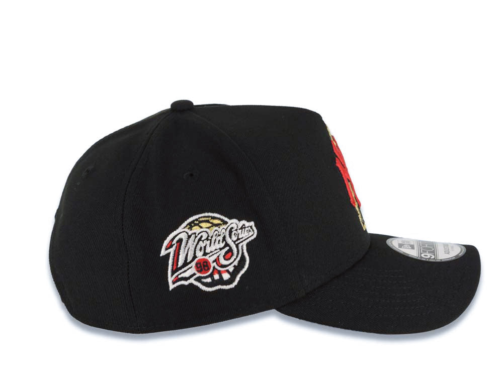 New York Yankees New Era MLB 9FORTY 940 Adjustable A-Frame Empire Cap Hat Black Crown/Visor Red/Metallic Gold/Black Logo 1998 World Series Side Patch