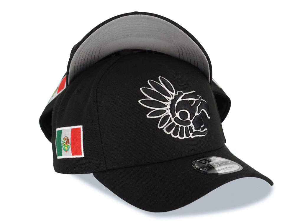 Mexico Aztec New Era 9FORTY 940 Adjustable A-Frame Cap Hat Black Crown/Visor Black/White Headdress Logo Mexico Flag Side Patch Gray UV