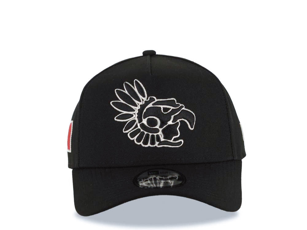 Mexico Aztec New Era 9FORTY 940 Adjustable A-Frame Cap Hat Black Crown/Visor Black/White Headdress Logo Mexico Flag Side Patch Gray UV