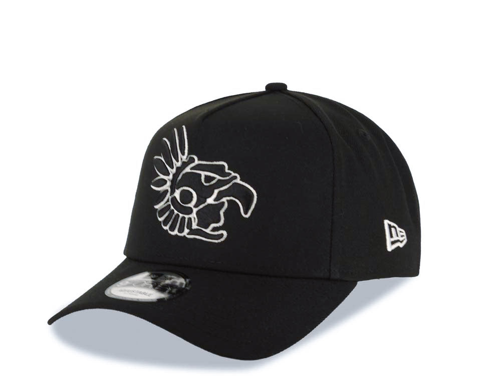 Mexico Aztec New Era 9FORTY 940 Adjustable A-Frame Cap Hat Black Crown/Visor Black/White Headdress Logo Mexico Flag Side Patch Gray UV