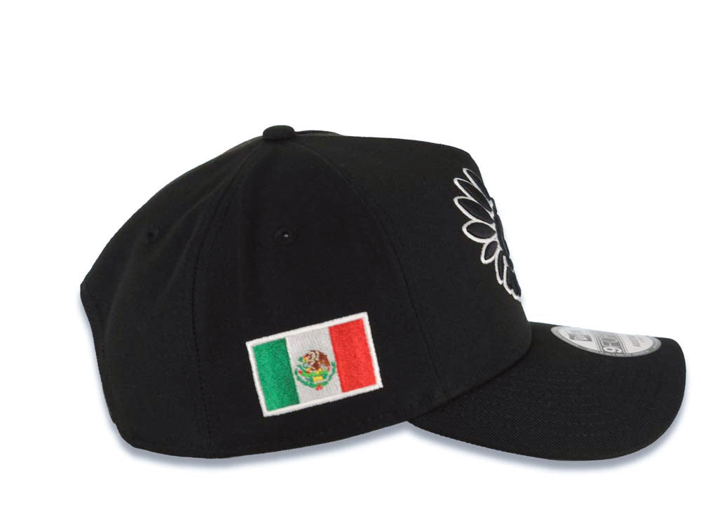 Mexico Aztec New Era 9FORTY 940 Adjustable A-Frame Cap Hat Black Crown/Visor Black/White Headdress Logo Mexico Flag Side Patch Gray UV