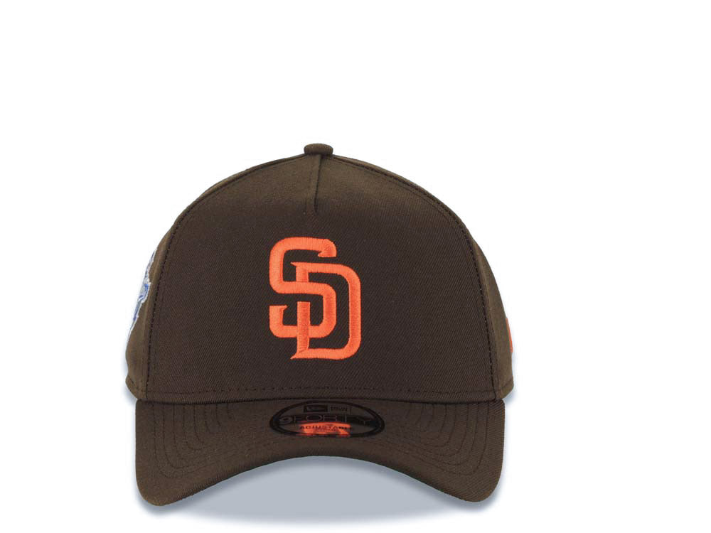 San Diego Padres New Era MLB 9FORTY 940 Adjustable A-Frame Cap Hat Brown Crown/Visor Orange Logo 1998 World Series Side Patch Green UV