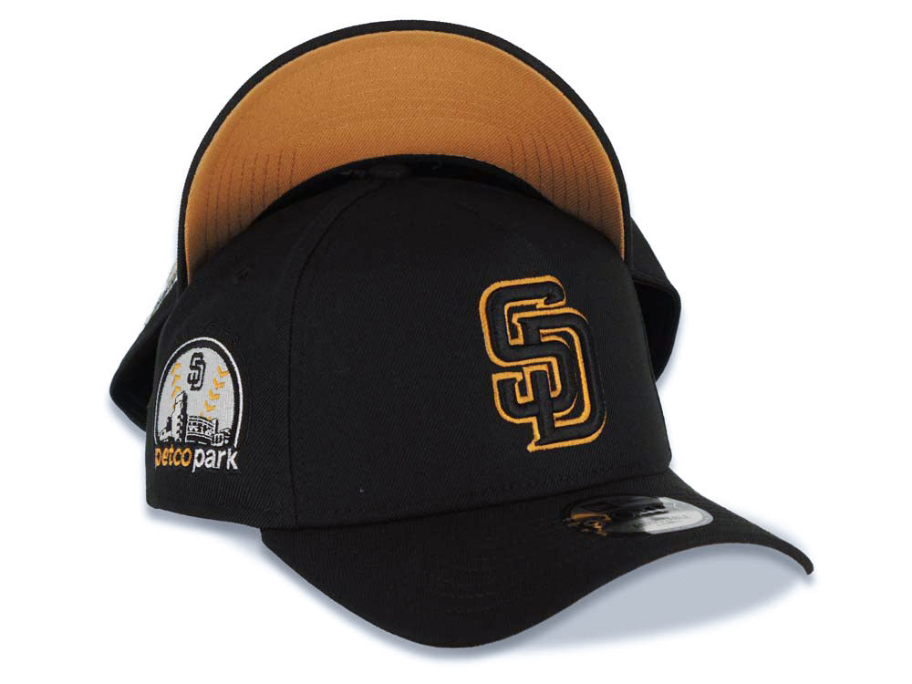 San Diego Padres New Era MLB 9FORTY 940 Adjustable A-Frame Cap Hat Black Crown/Visor Black/Tan Logo Petco Park Side Patch Tan UV