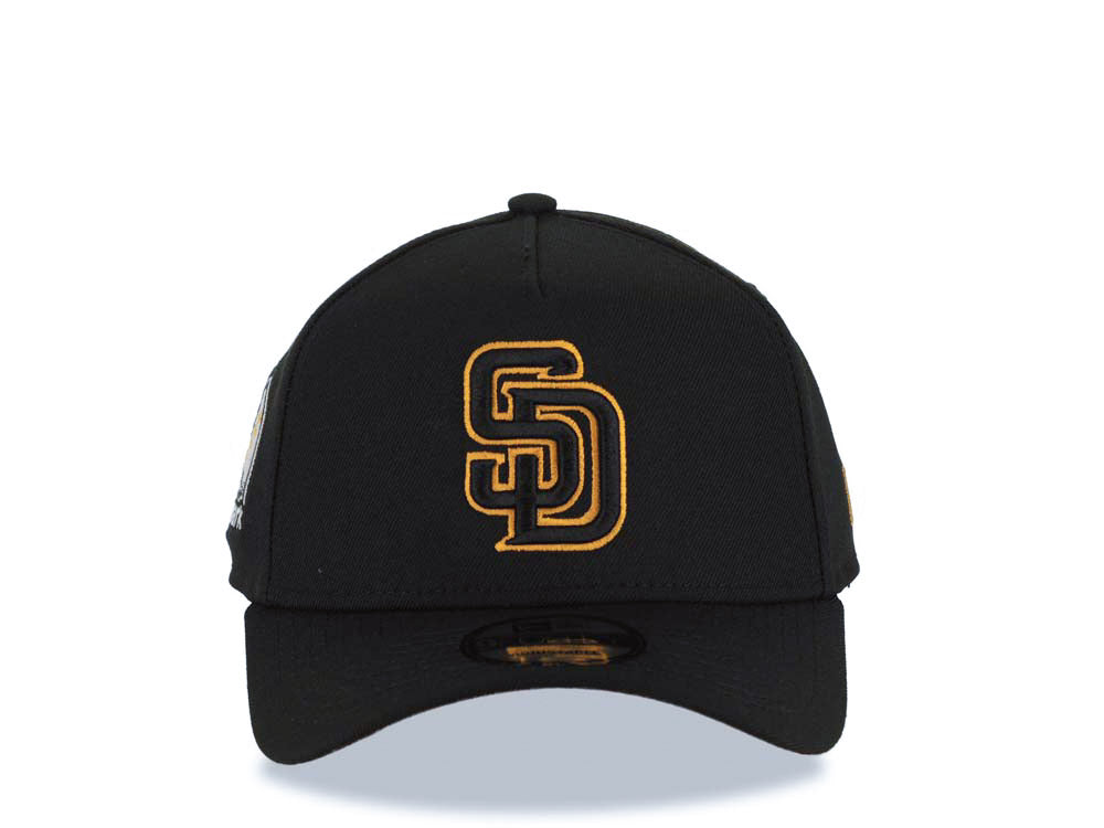 San Diego Padres New Era MLB 9FORTY 940 Adjustable A-Frame Cap Hat Black Crown/Visor Black/Tan Logo Petco Park Side Patch Tan UV