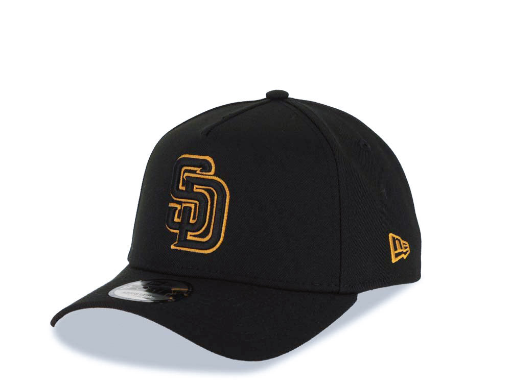 San Diego Padres New Era MLB 9FORTY 940 Adjustable A-Frame Cap Hat Black Crown/Visor Black/Tan Logo Petco Park Side Patch Tan UV