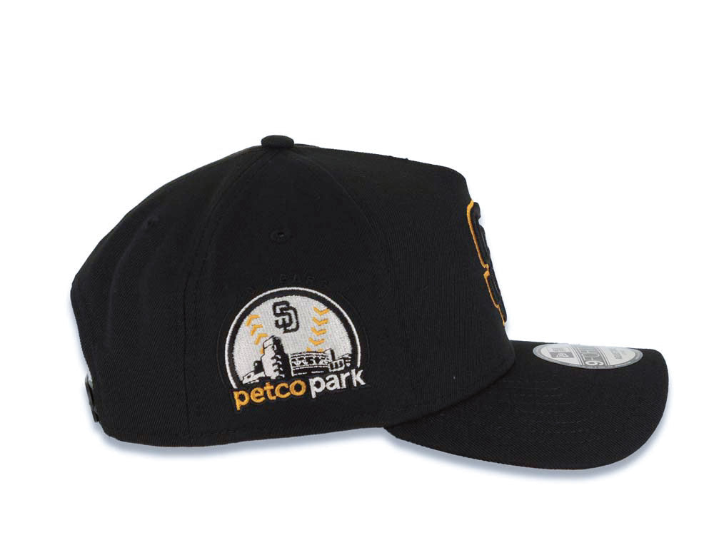 San Diego Padres New Era MLB 9FORTY 940 Adjustable A-Frame Cap Hat Black Crown/Visor Black/Tan Logo Petco Park Side Patch Tan UV