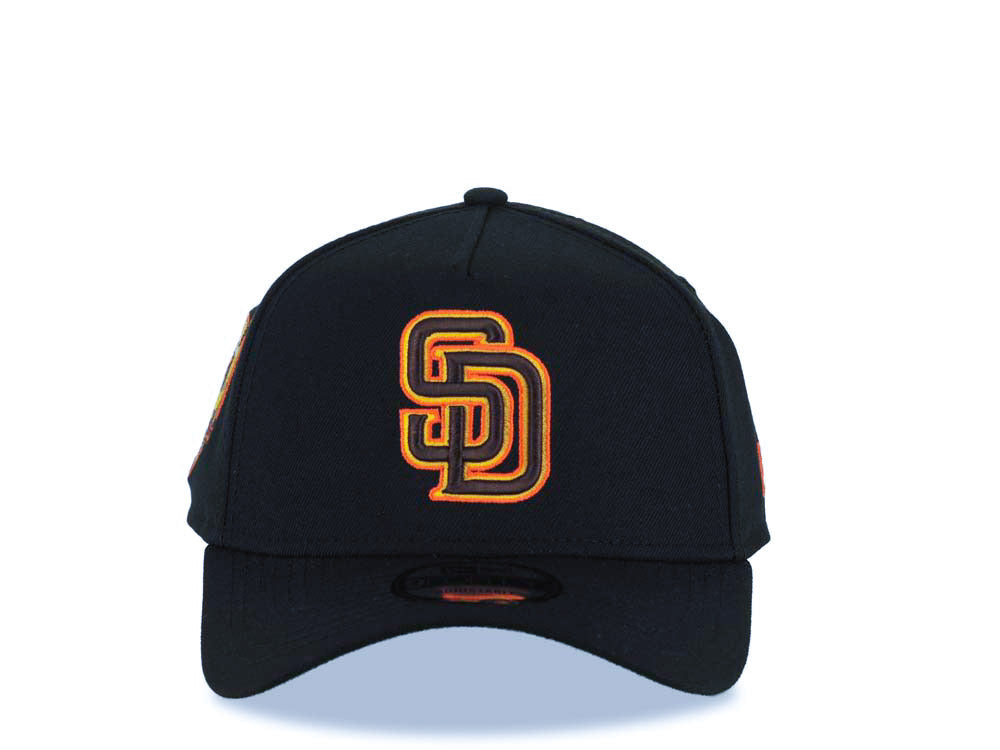 San Diego Padres New Era MLB 9FORTY 940 Adjustable A-Frame Cap Hat Black Crown/Visor Brown/Yellow/Orange Logo 40th Anniversary Side Patch Green UV