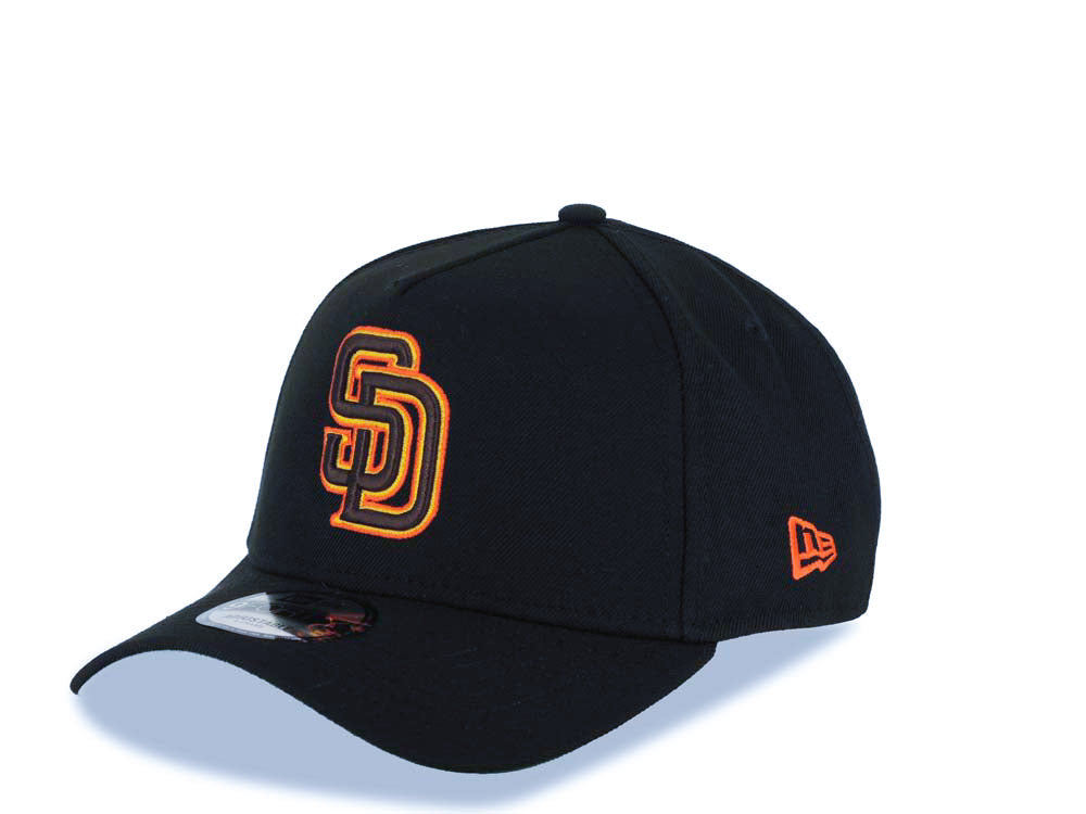 San Diego Padres New Era MLB 9FORTY 940 Adjustable A-Frame Cap Hat Black Crown/Visor Brown/Yellow/Orange Logo 40th Anniversary Side Patch Green UV