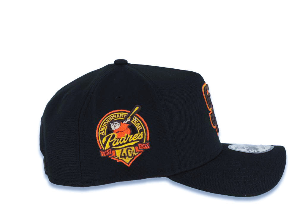 San Diego Padres New Era MLB 9FORTY 940 Adjustable A-Frame Cap Hat Black Crown/Visor Brown/Yellow/Orange Logo 40th Anniversary Side Patch Green UV