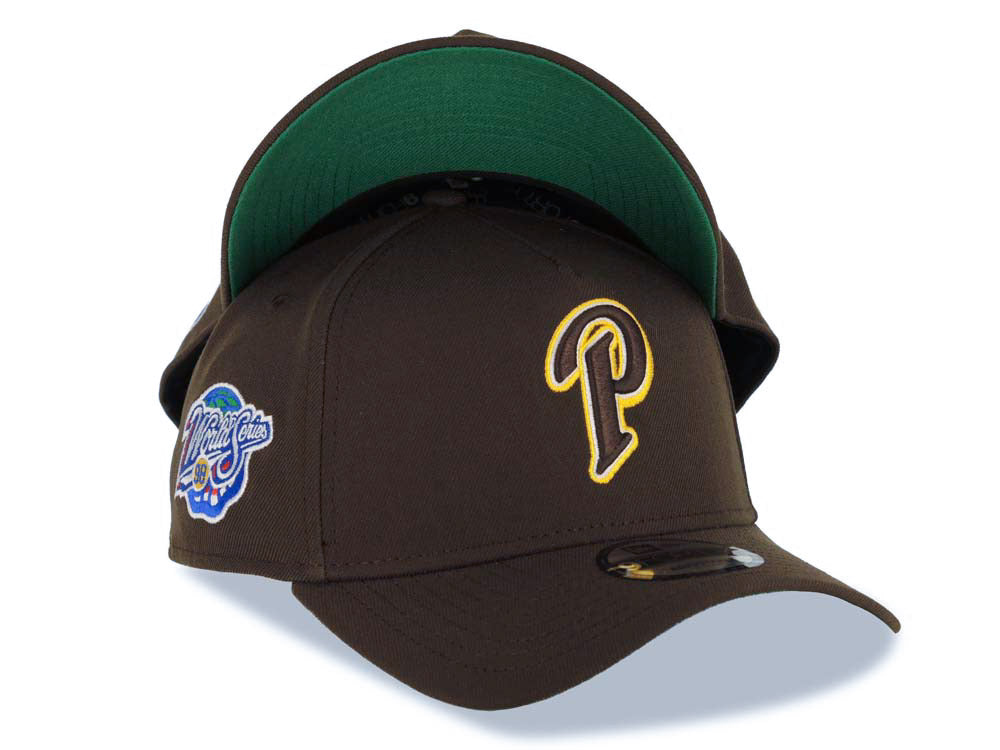 San Diego Padres New Era MLB 9FORTY 940 Adjustable A-Frame Cap Hat Brown Crown/Visor Brown/White/Yellow P Logo 1998 World Series Side Patch