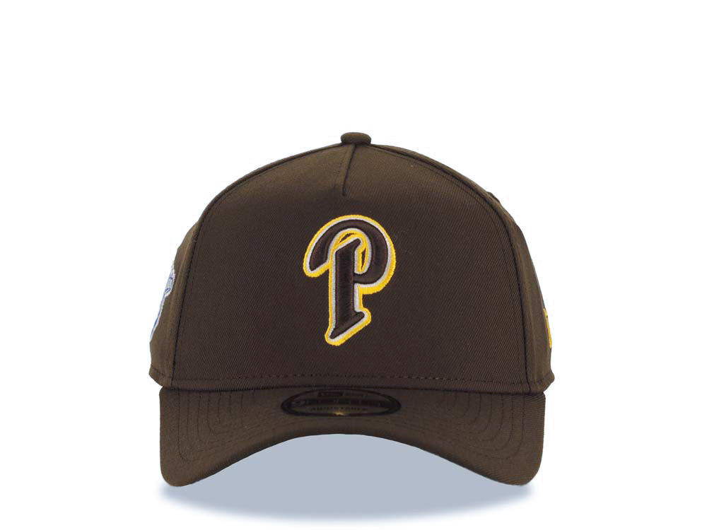 San Diego Padres New Era MLB 9FORTY 940 Adjustable A-Frame Cap Hat Brown Crown/Visor Brown/White/Yellow P Logo 1998 World Series Side Patch
